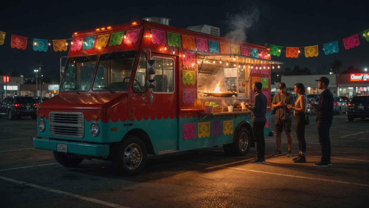 Same truck at night — open window, griddle fire, line at the service counter