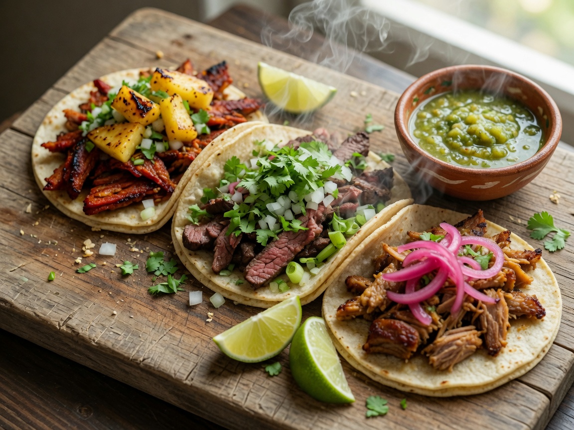 Street tacos on wood — al pastor, carne asada, carnitas